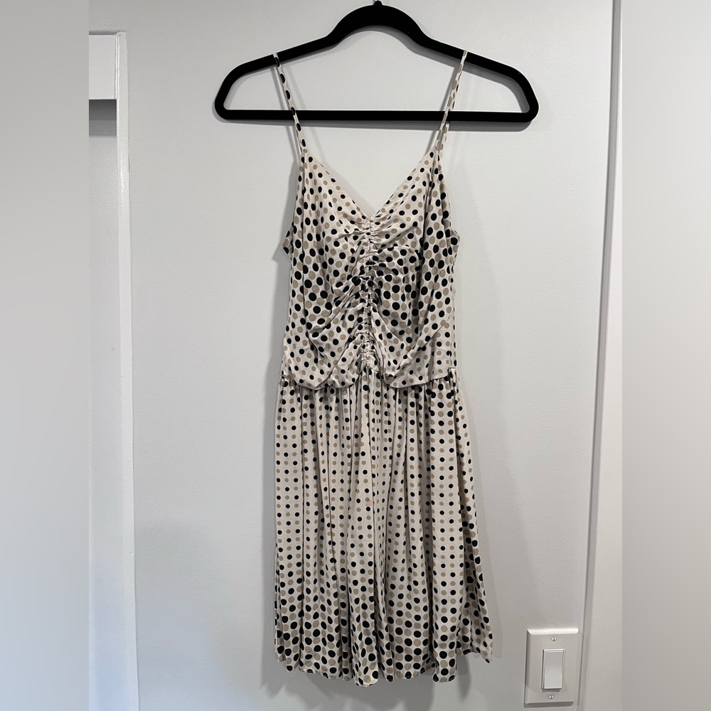 Parker Cream Polka Dot Silk V Neck Spaghetti Strap Dress Medium